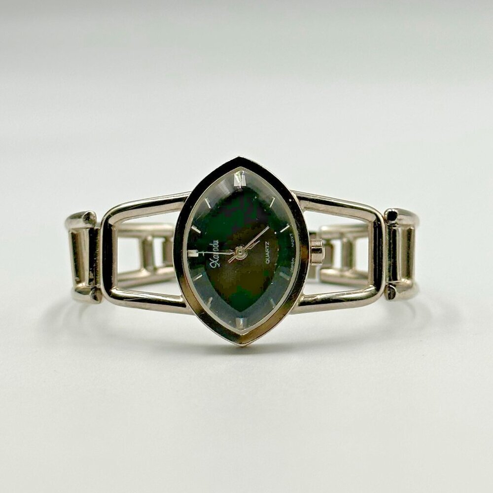 3/$30 Xanadu Watch Women Silver Tone Marquise Face Black Dial 17MM Bangle 5.5" - Picture 1 of 14